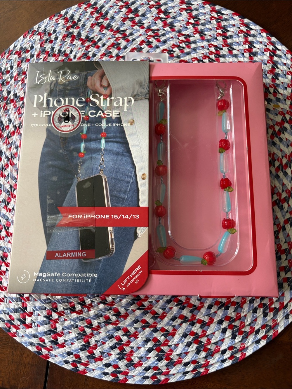 Isla Rae Apple Beaded Phone Strap & Clear iPhone Case in Red & Light Blue bn